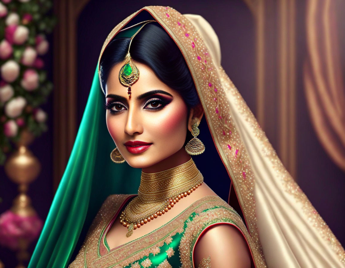 Traditional Indian Bridal Attire with Elaborate Jewelry and Headpiece