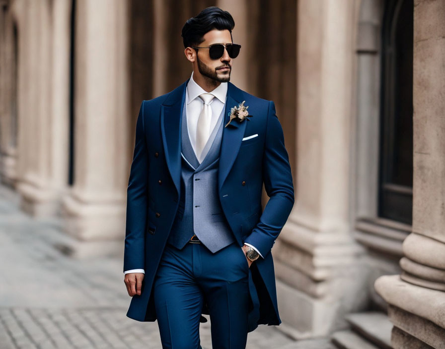 Confident Man in Sharp Blue Suit with Boutonniere and Sunglasses