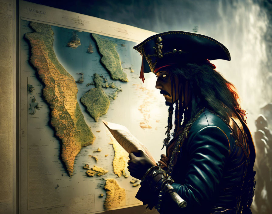 Pirate holding map studies coastal details under dramatic lighting