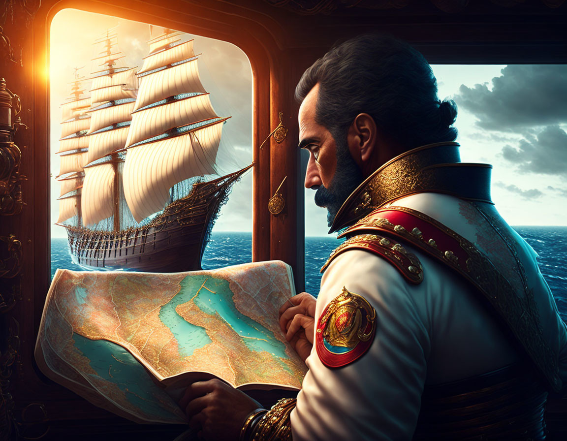 Military man studying map with sailing ship in background.