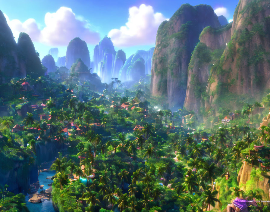 Lush Greenery, Waterfalls, and Hidden Village in Fantasy Tropical Valley