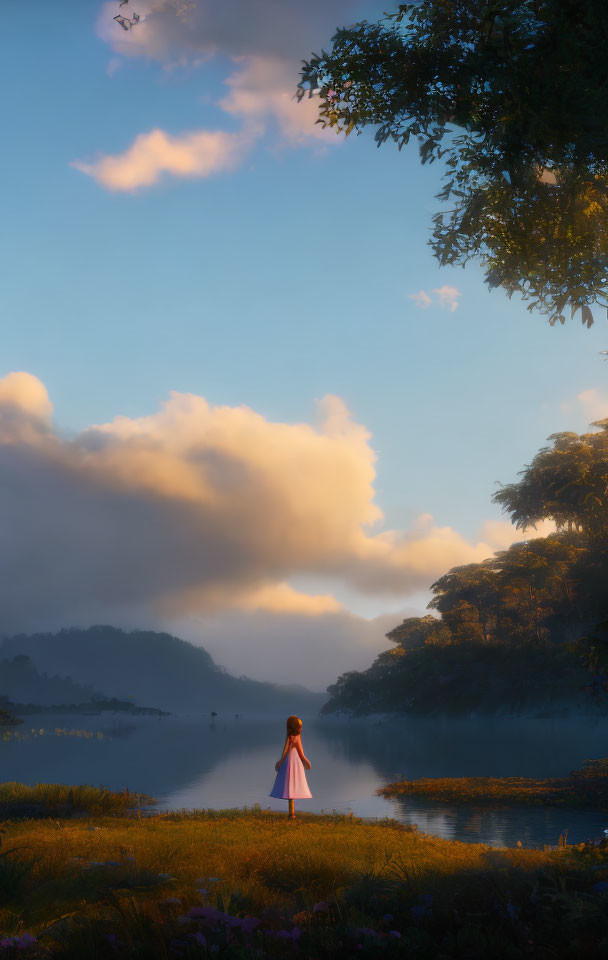 Person in Pink Dress by Serene Lake at Sunrise with Mist, Trees, and Flowers