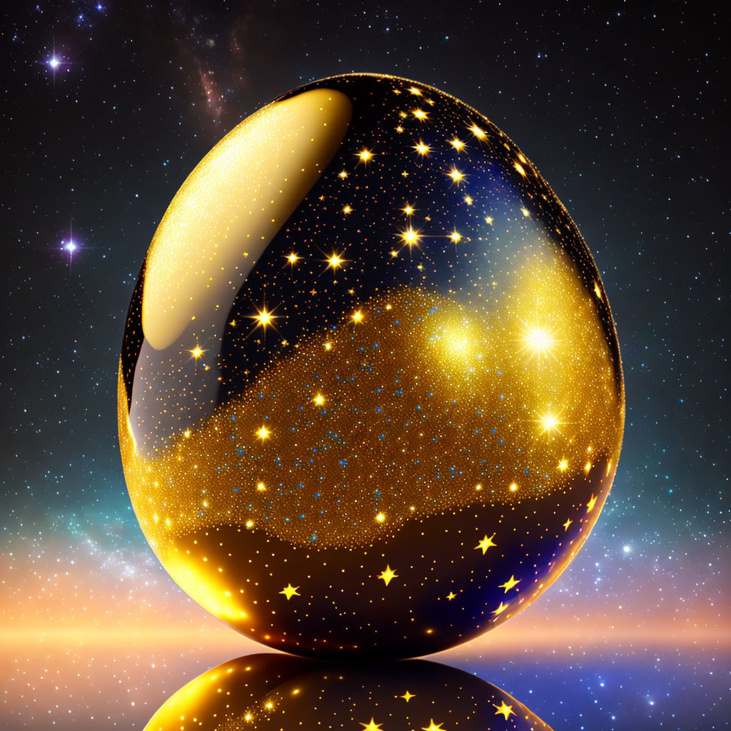 Cosmic egg with starry pattern on galaxy backdrop reflecting under nebula-streaked sky