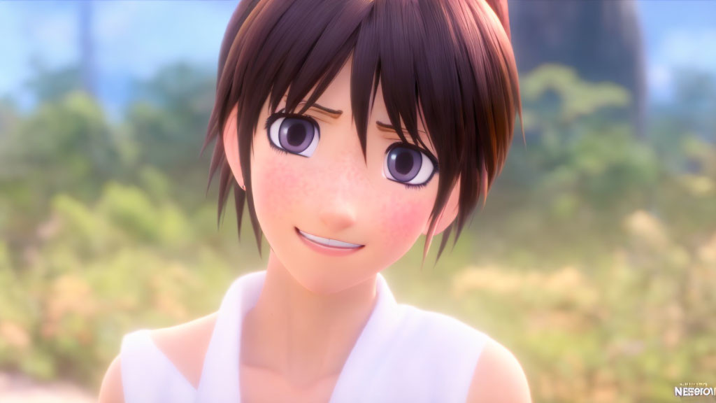 Smiling female character with big eyes and short brown hair in 3D animation