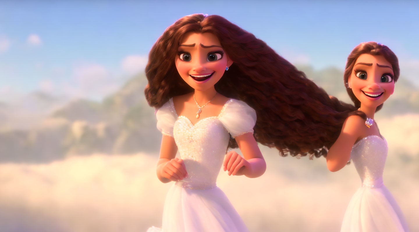 Two animated characters in white dresses with long brown hair running in a dreamy background.