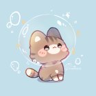 Cartoonish blue-eyed kitten in iridescent bubble with floating bubbles