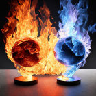 Intertwined orange and blue spherical flames on rocky surface