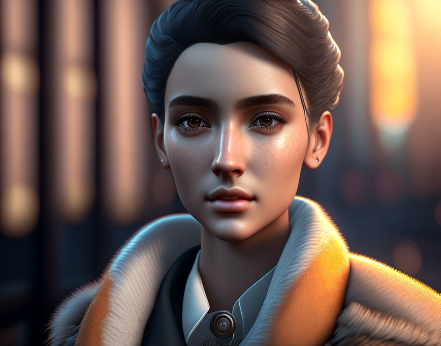 Detailed digital portrait of young person with styled hair and fur-collared coat in softly lit setting.