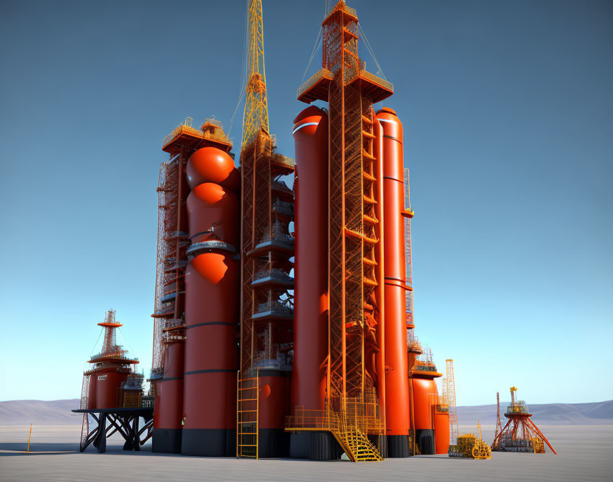 Large Red Industrial Oil Refinery in Desert Setting: 3D Rendering