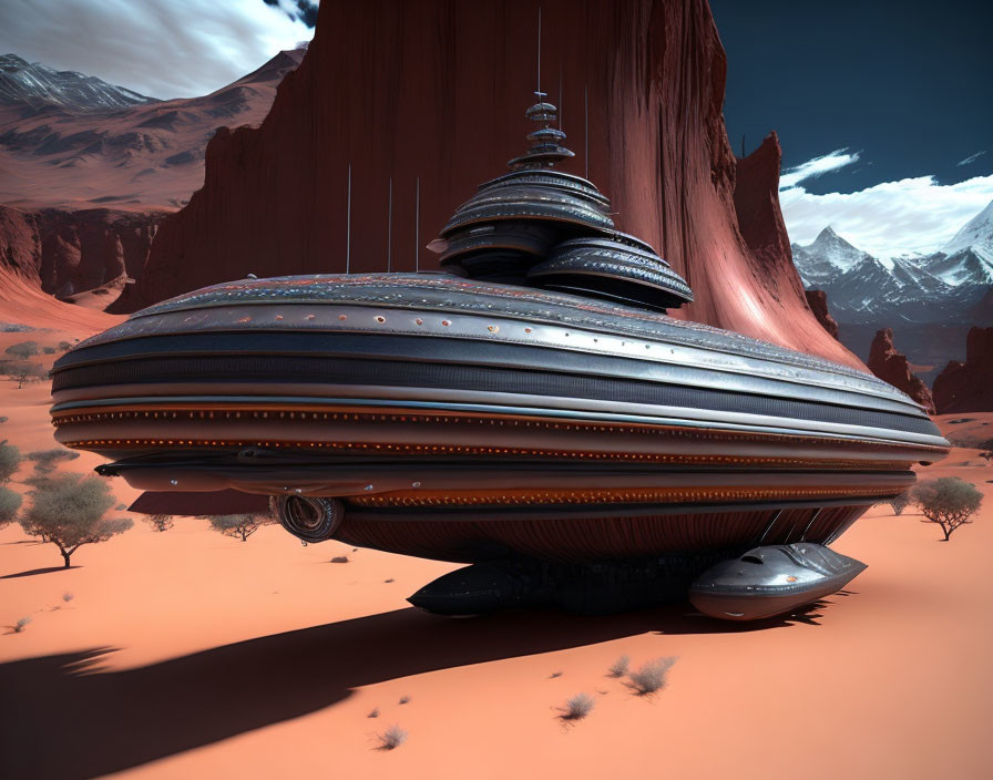 Futuristic spaceship lands on barren, rocky alien landscape