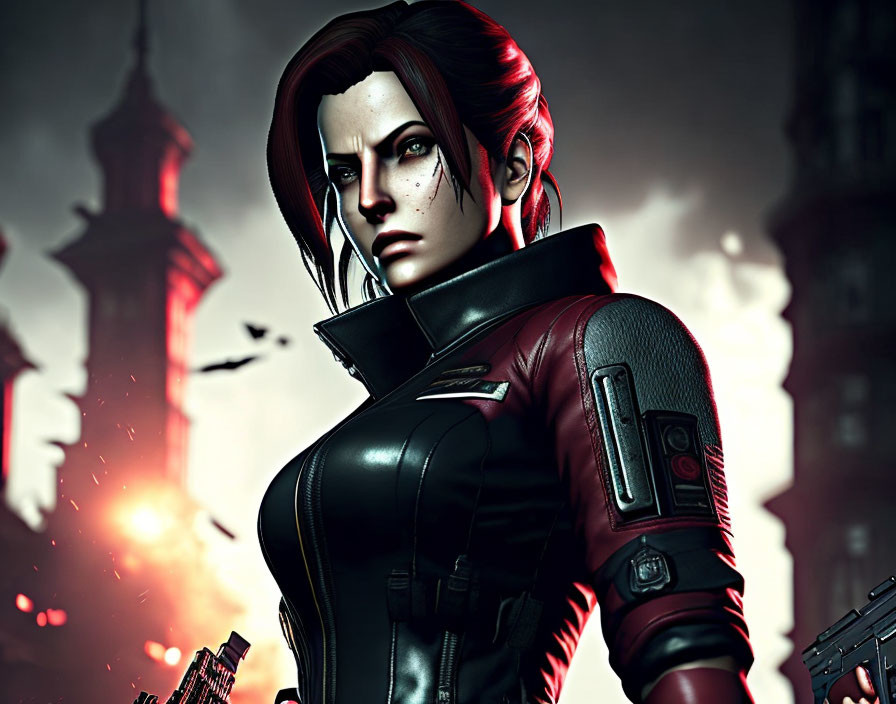 Red-haired female character in black combat suit against fiery backdrop with blurred tower.