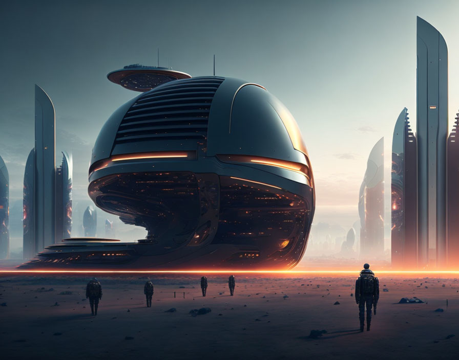 Futuristic cityscape with spherical building and twin suns at dusk