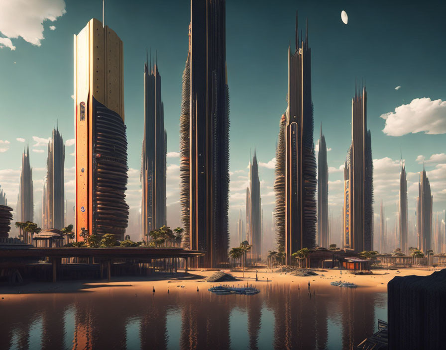 Futuristic cityscape with sleek skyscrapers, waterfront, beachgoers, moon