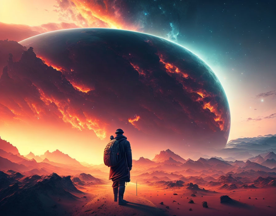 Person standing on alien landscape gazing at large planet in star-filled sky