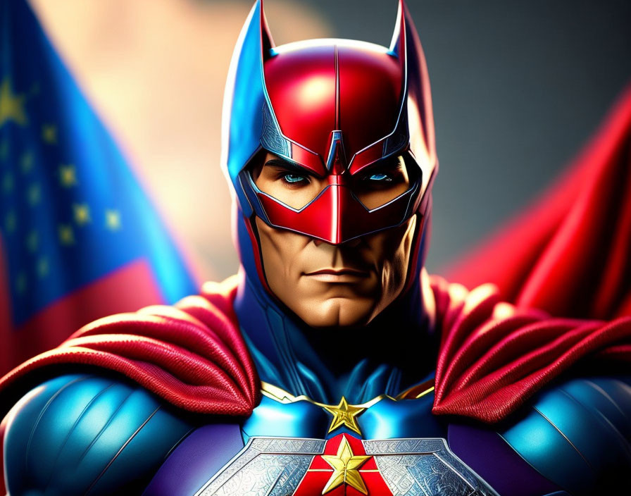 Detailed Illustration of Stern Superhero in Red & Blue Costume