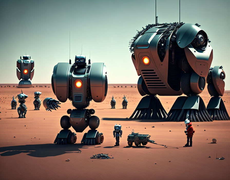 Futuristic sci-fi artwork: Robots and human on desert planet