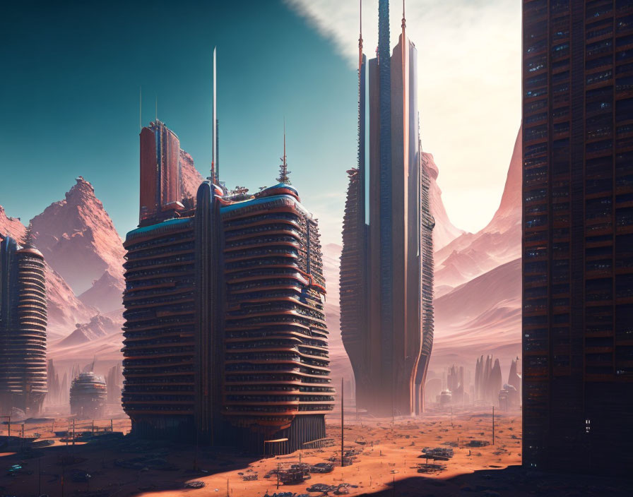 Futuristic desert cityscape with sleek skyscrapers in clear blue sky