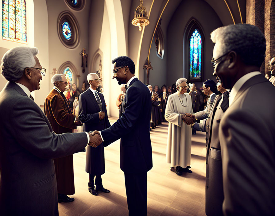 Men shaking hands in church with stained glass windows