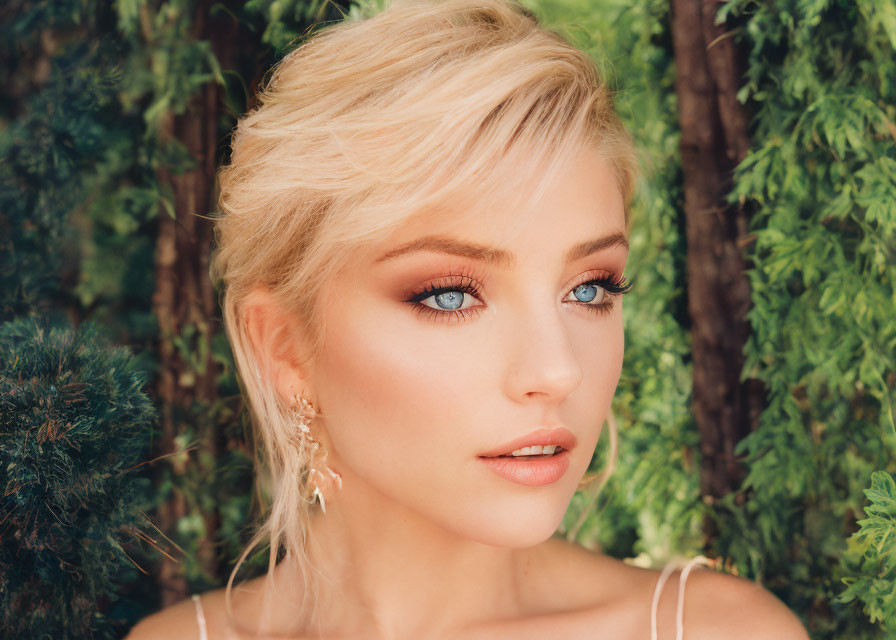 Blonde Woman Portrait with Blue Eyes and Green Leafy Background