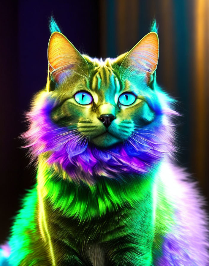 Colorful Digital Art of Cat with Neon Fur and Blue Eyes on Dark Background