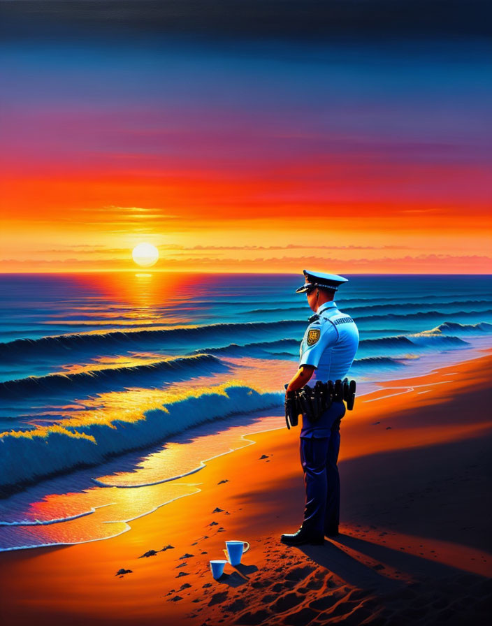 Police Officer on Beach at Sunrise with Vibrant Sky and Ocean Waves