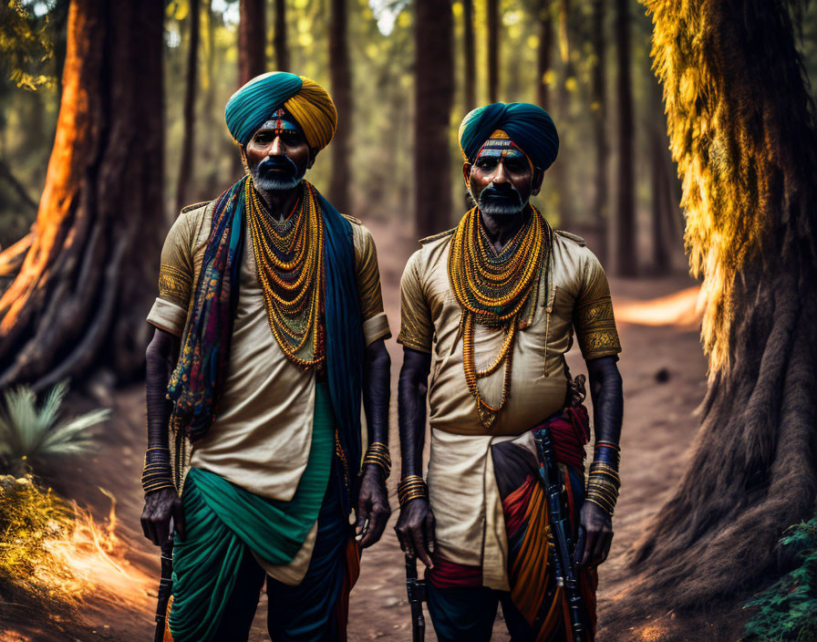 Sikh men in traditional attire with turbans and jewelry in forest setting