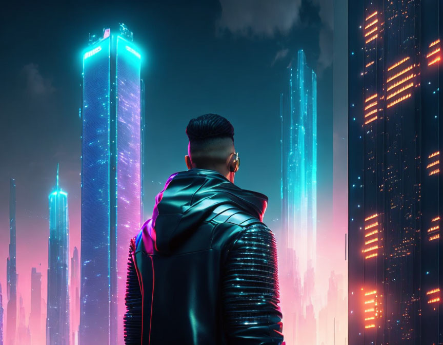 Futuristic man in cyberpunk cityscape at night