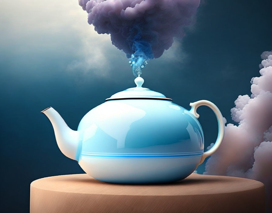 Blue and White Teapot Emitting Dark Smoke and Water Droplets on Pedestal