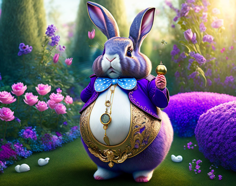 Animated rabbit in fancy attire with pocket watch in magical garden surrounded by lush purple and pink flora