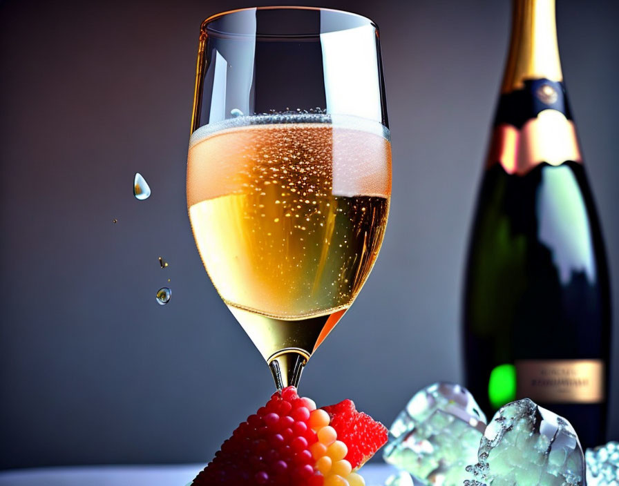 Sparkling Wine Glass with Bubbles, Uncorked Champagne Bottle, Ice Cubes, and Red