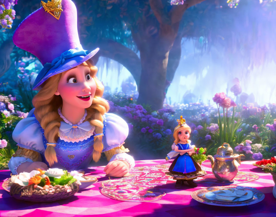 Whimsical animated scene with smiling woman and princess at oversized picnic