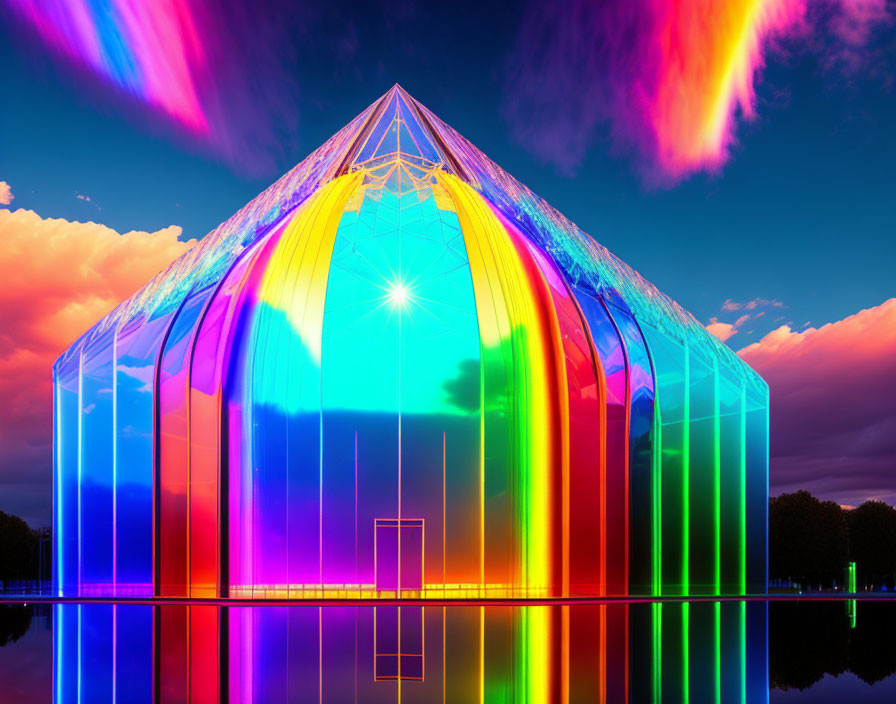 Colorful Crystal Building Reflecting in Water with Rainbow Sky