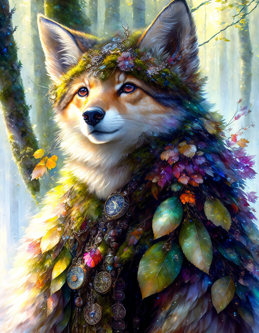 Vibrant fox with leafy mane in sunlit forest portrait