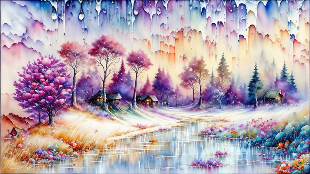 Vibrant landscape painting with colorful trees, stream, houses, and rain effects