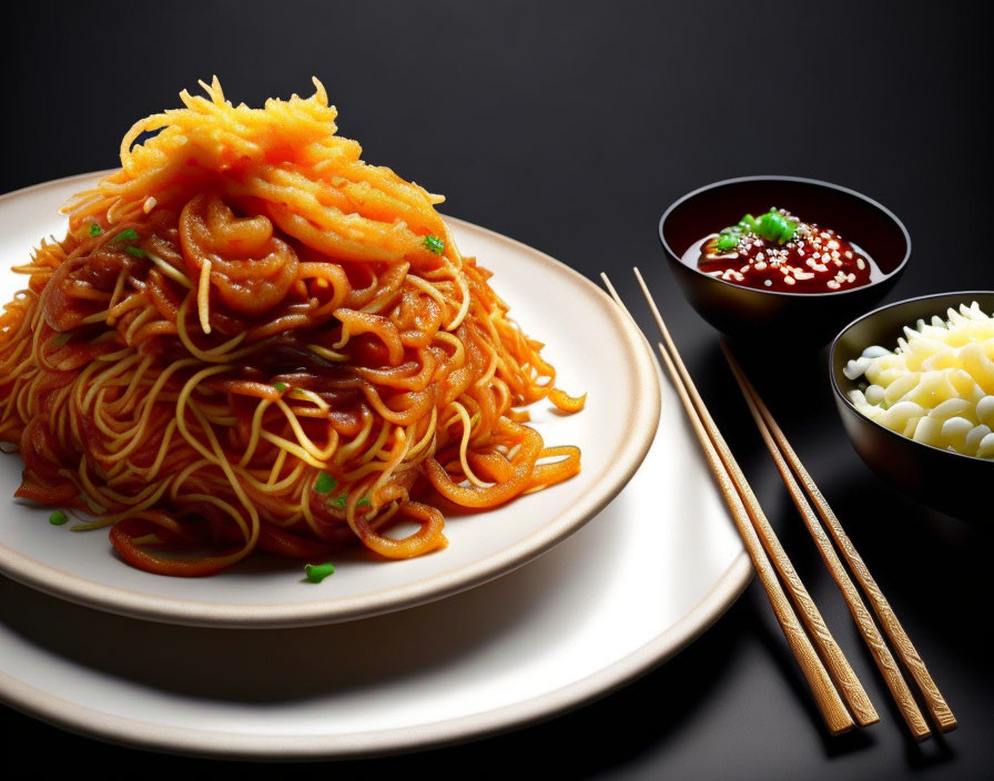 Plate of spaghetti with tomato sauce, cheese, soup, corn, and chopsticks