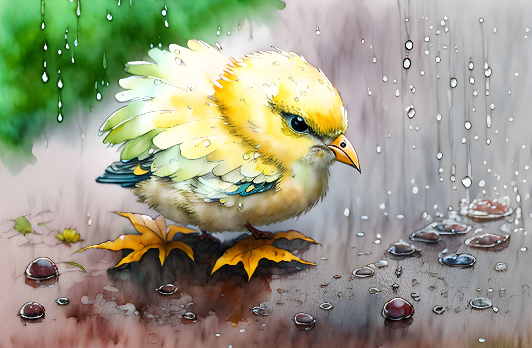 Colorful Bird on Leaf with Raindrops in Blurred Background