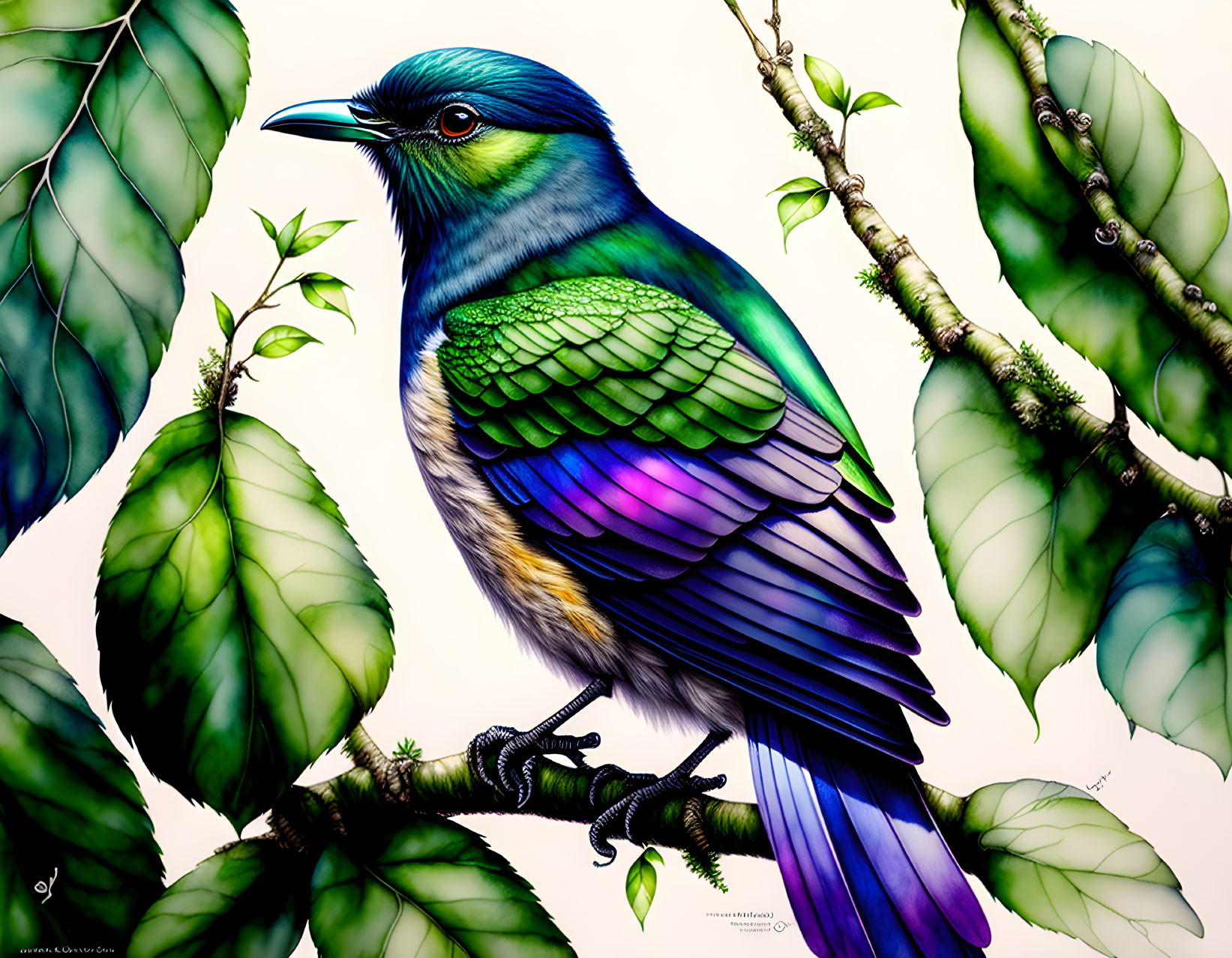 Colorful Bird Illustration Perched on Branch with Green Leaves