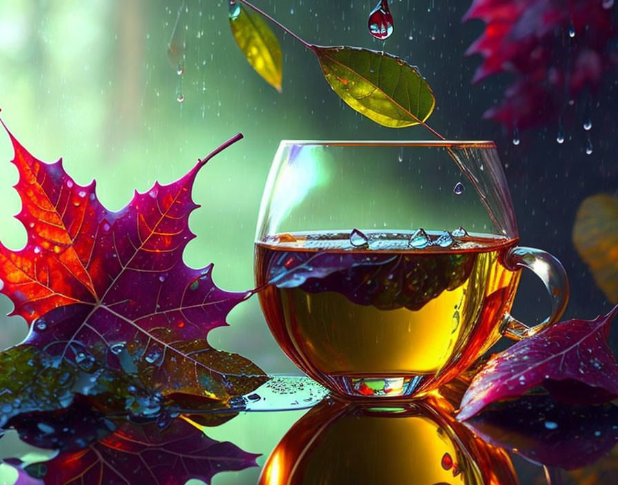 Autumn-themed glass of amber liquid with raindrops and colorful leaves