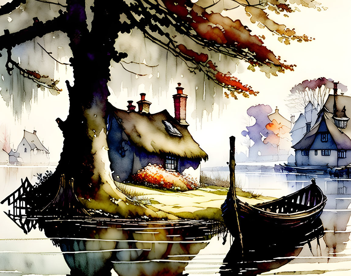 Watercolor illustration of a thatched roof cottage by a tree and boat at twilight