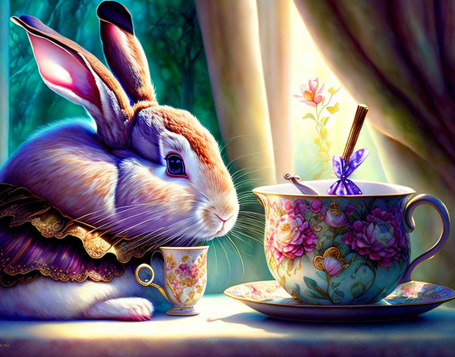 Whimsical rabbit with butterfly on nose by floral teacup in magical light