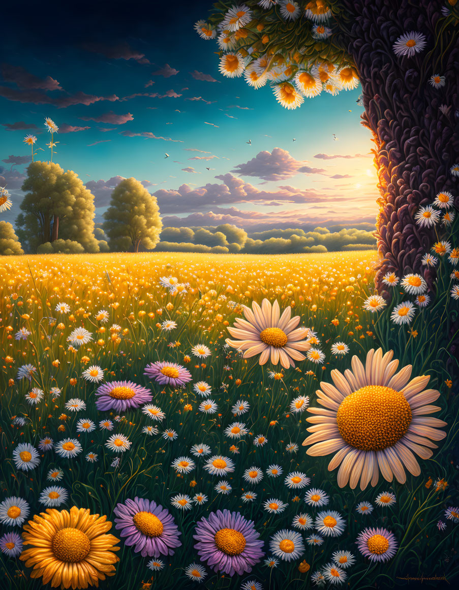 Sunlit field with daisies, trees, and sunset sky in vibrant painting