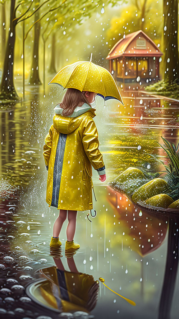 Child in Yellow Raincoat and Boots Under Umbrella in Rainy Park