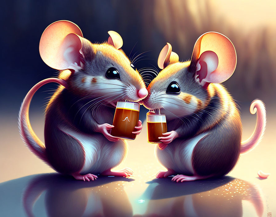 Cartoon mice toasting with tiny mugs in soft light