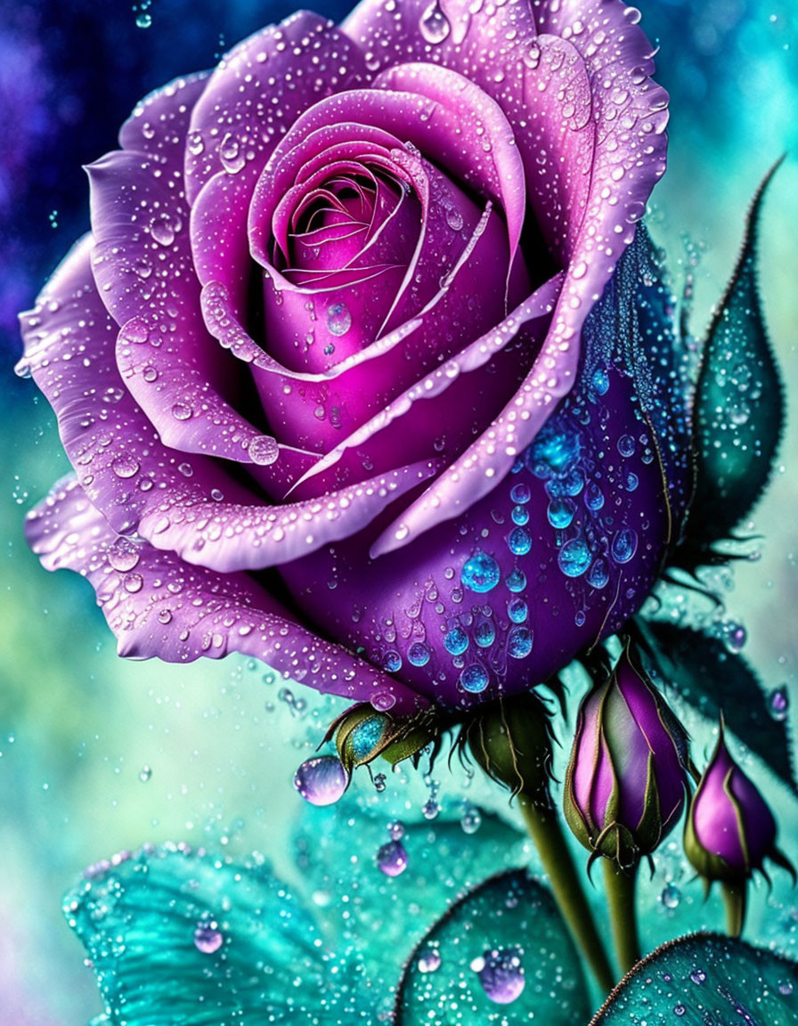 Purple Rose with Water Droplets on Blue Background and Dewdrops