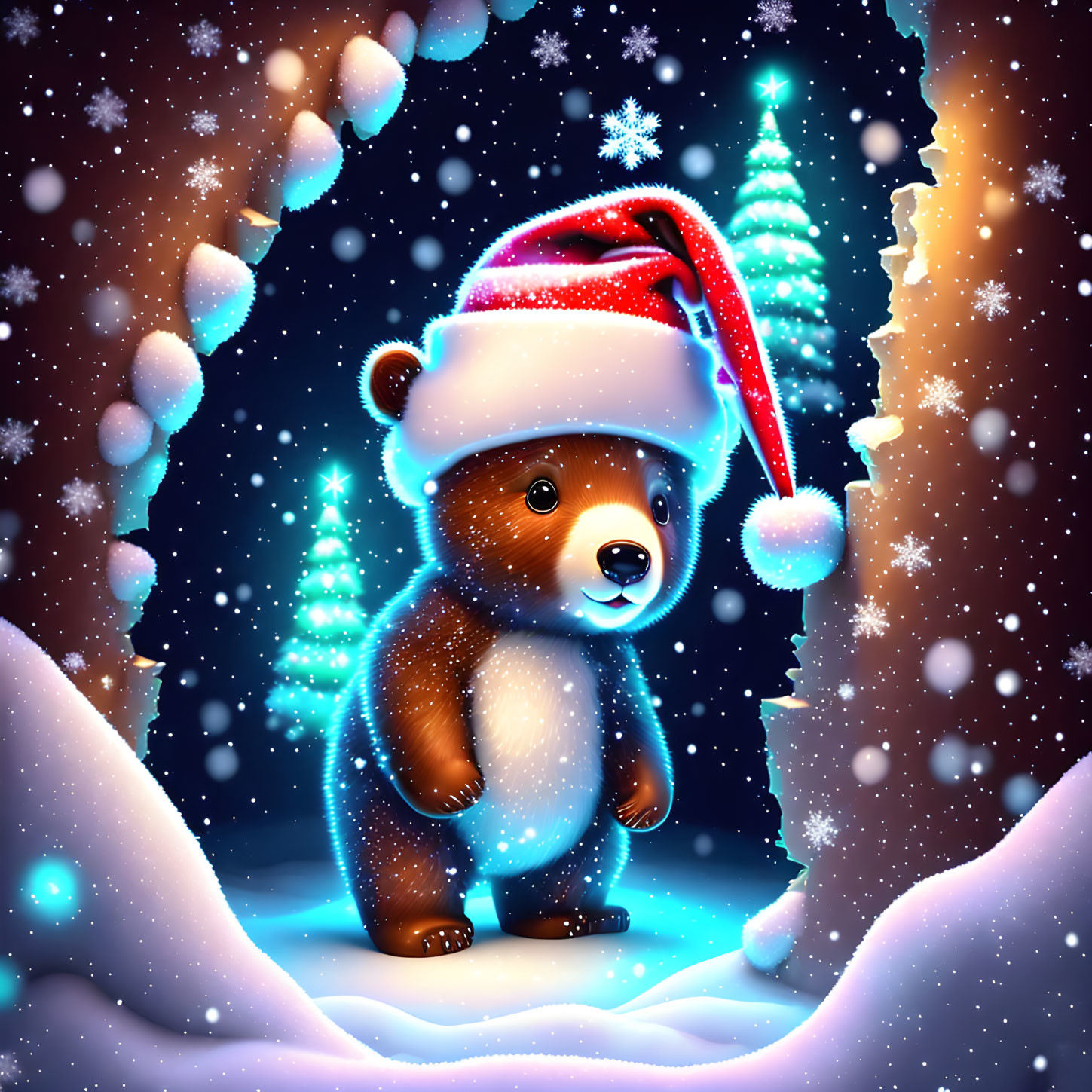 Adorable bear in Santa hat with snowy Christmas trees