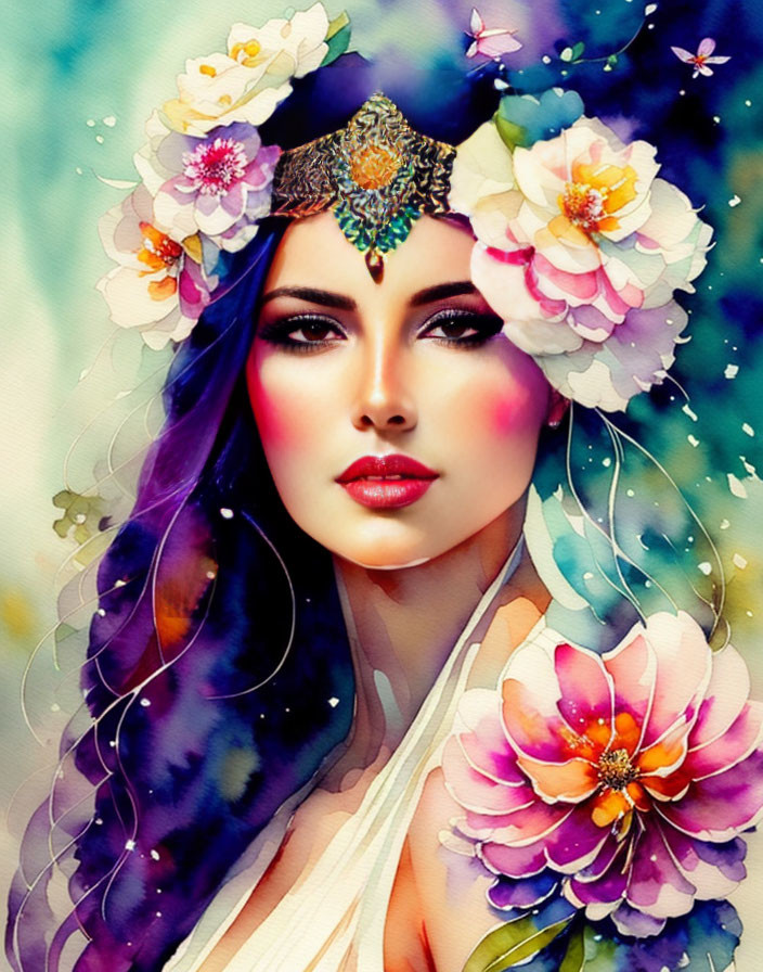 Colorful artwork of woman with purple hair and floral headdress