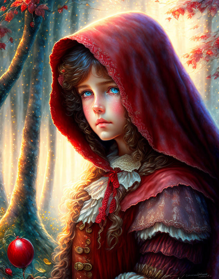 Young girl with blue eyes in red hooded cloak in enchanted forest