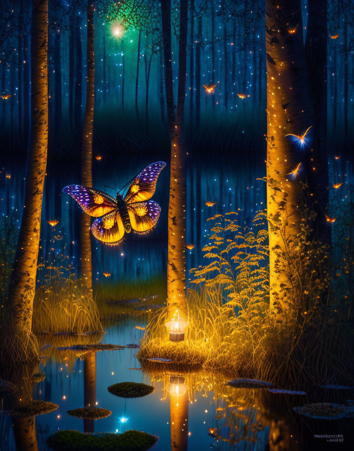 Enchanting night forest scene with fireflies, glowing butterfly, lantern, and tall trees.