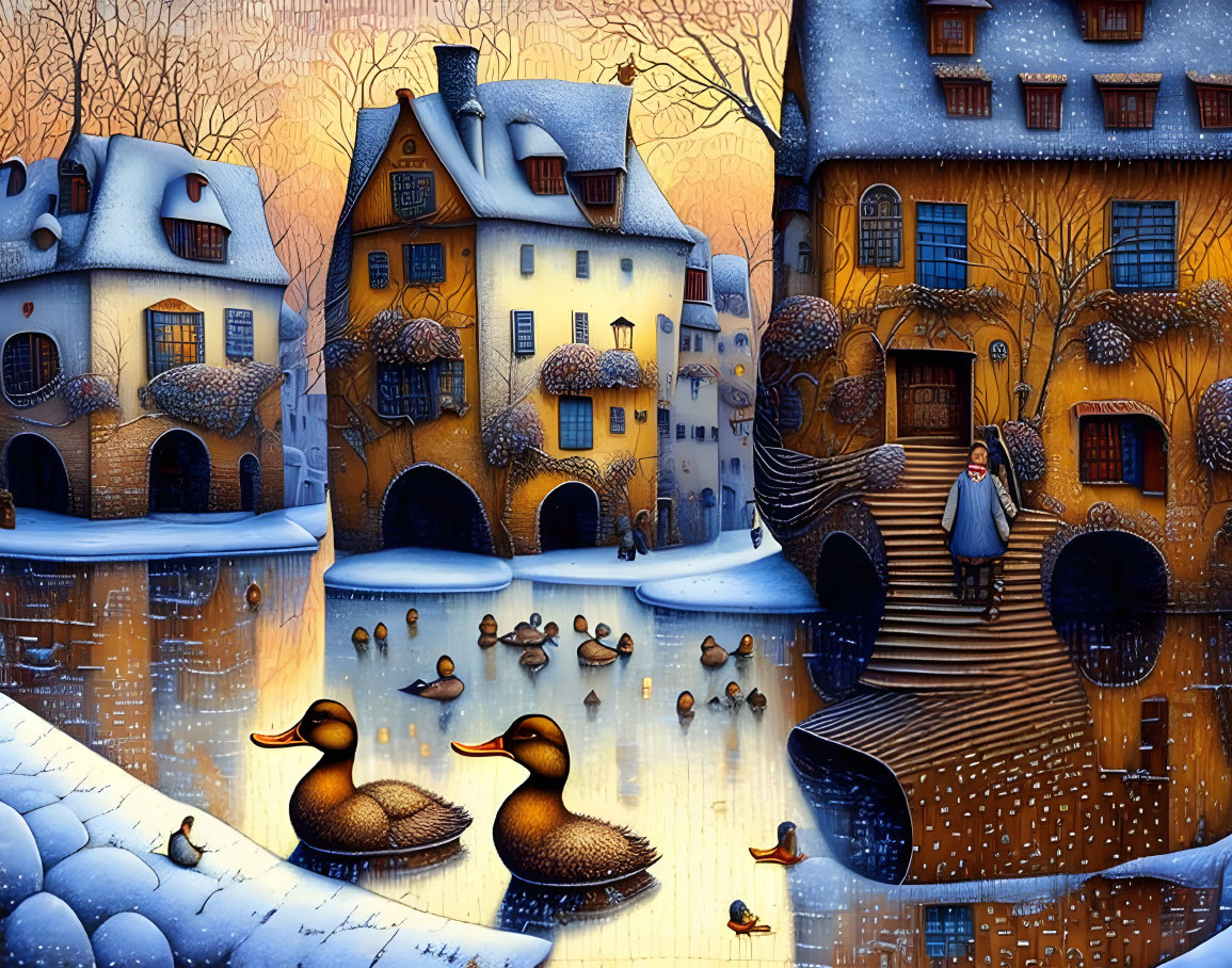 Snow-covered storybook houses, ducks on a pond, lone figure in twilight.