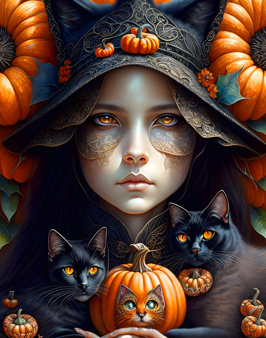 Mystical girl with blue eyes in pumpkin witch hat with black cats against pumpkin backdrop